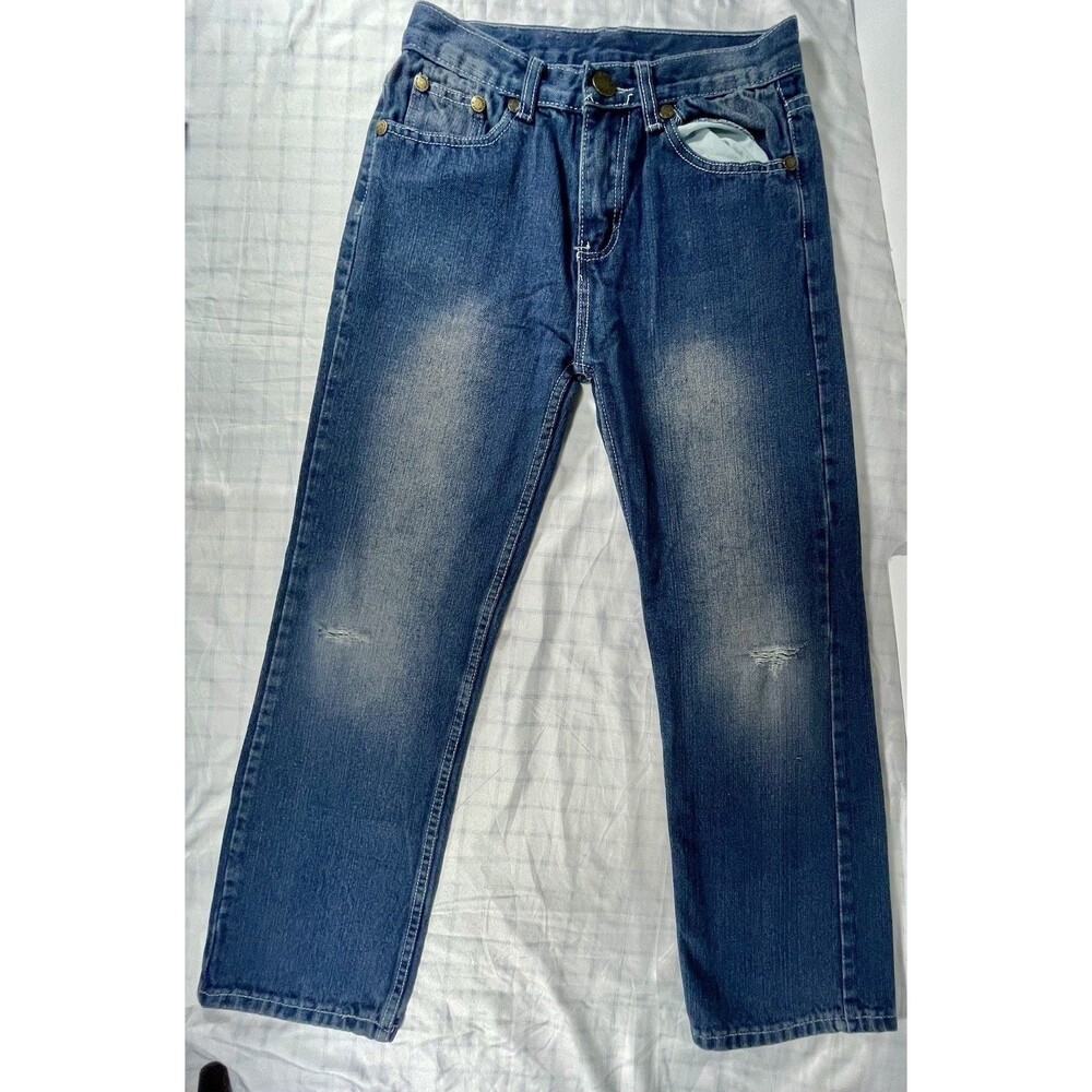 Indigo-30 Boys Straight Leg Jeans Size 14 Blue Distressed Y2K Style Fade